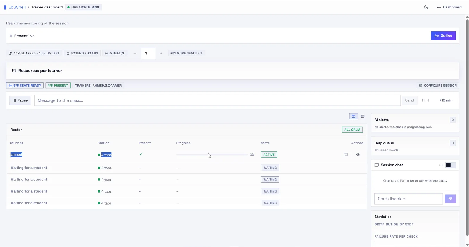 The live monitoring dashboard during a session